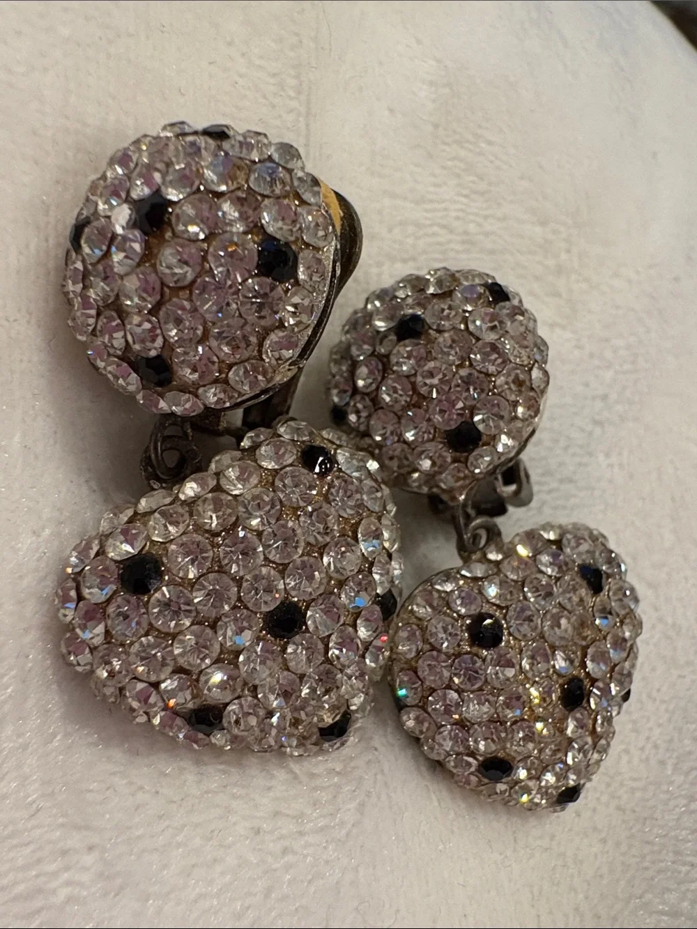 Vintage Black & Clear Drop heart Crystal Earrings New Clip